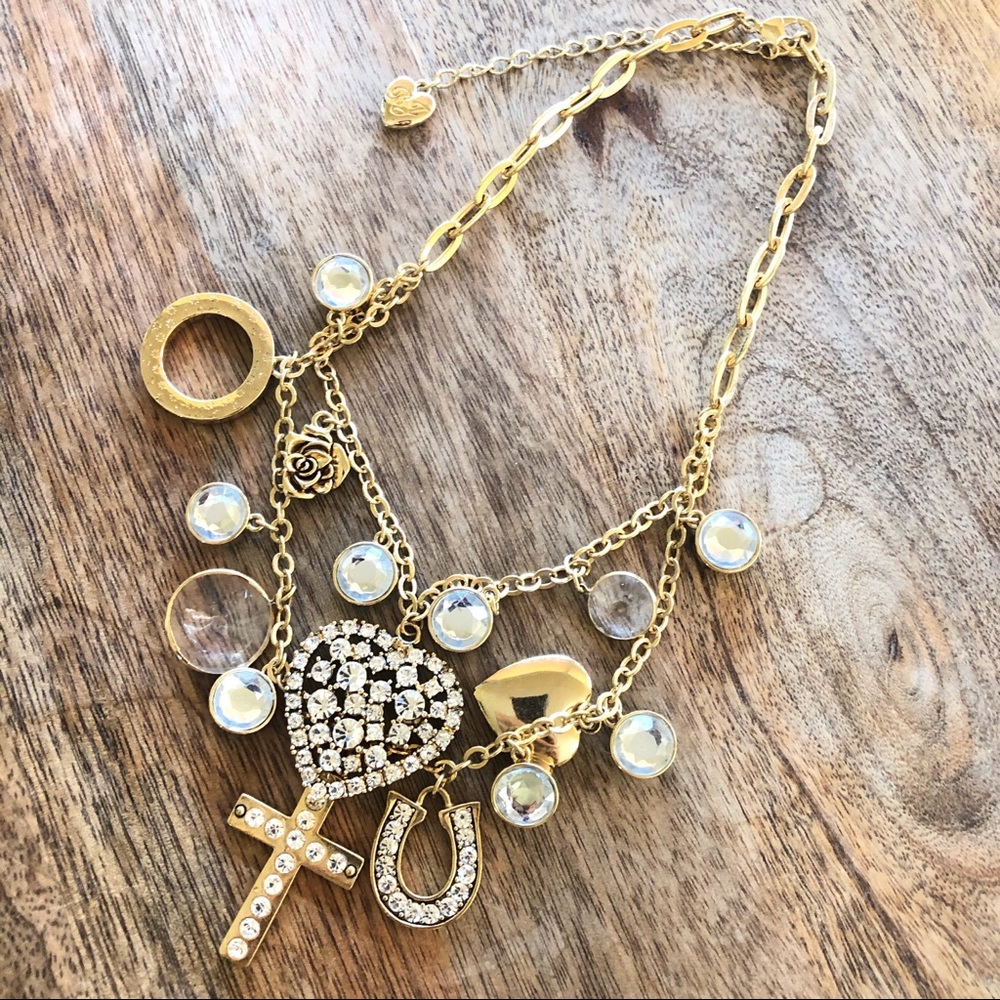 Betsey Johnson gold cross horseshoe charm necklace
